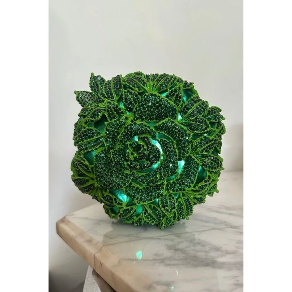 Green ROSE Cristal Rhinestone clutch - Picture 2 of 5